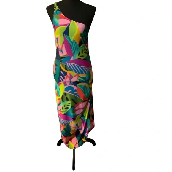 Trina Turk One Shoulder Tropical Print Dress Size L NWT - Picture 6 of 11